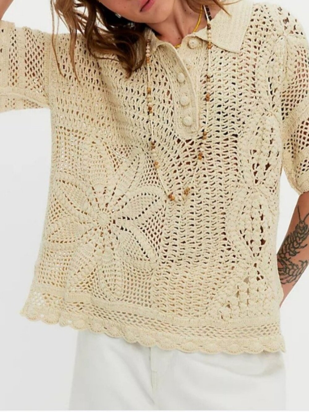 Free People NWT Crochet Oversized Beige Cream Top size XS